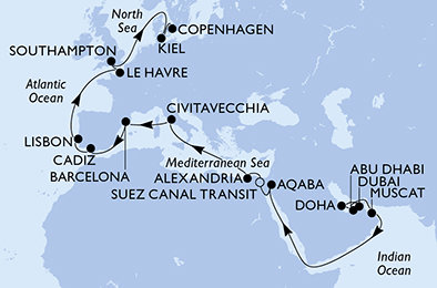 Spojené arabské emiráty, Katar, Omán, Jordánsko, Egypt, Itálie, Španělsko, Portugalsko, Francie, Velká Británie, Německo, Dánsko z Dubaje na lodi MSC Euribia