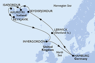 Německo, Velká Británie, Island z Hamburku na lodi MSC Preziosa