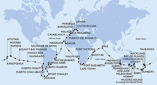 Francie, Španělsko, Maroko, Kapverdy, Brazílie, Argentina, Zámořské území Velké Británie, Chile, Francouzská Polynésie, Cookovy ostrovy, Nový Zéland, Austrálie, Maledivy, Seychely, Madagaskar, Jihoafrická republika, Namibie, Senegal, Itálie z Marseille na lodi MSC Magnifica