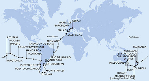 Itálie, Francie, Španělsko, Maroko, Kapverdy, Brazílie, Argentina, Zámořské území Velké Británie, Chile, Francouzská Polynésie, Cookovy ostrovy, Nový Zéland, Austrálie z Janova na lodi MSC Magnifica