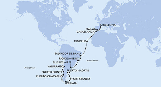 Španělsko, Maroko, Kapverdy, Brazílie, Argentina, Zámořské území Velké Británie, Chile z Barcelony na lodi MSC Magnifica