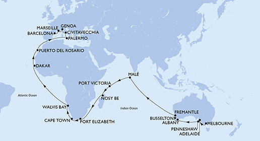 Austrálie, Maledivy, Seychely, Madagaskar, Jihoafrická republika, Namibie, Senegal, Španělsko, Itálie, Francie z Melbournu na lodi MSC Magnifica