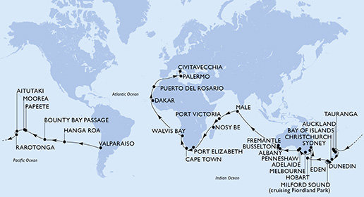 Chile, Zámořské území Velké Británie, Francouzská Polynésie, Cookovy ostrovy, Nový Zéland, Austrálie, Maledivy, Seychely, Madagaskar, Jihoafrická republika, Namibie, Senegal, Španělsko, Itálie z Valparaisa na lodi MSC Magnifica