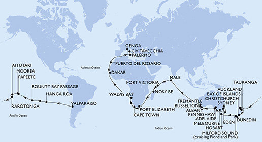 Chile, Zámořské území Velké Británie, Francouzská Polynésie, Cookovy ostrovy, Nový Zéland, Austrálie, Maledivy, Seychely, Madagaskar, Jihoafrická republika, Namibie, Senegal, Španělsko, Itálie z Valparaisa na lodi MSC Magnifica