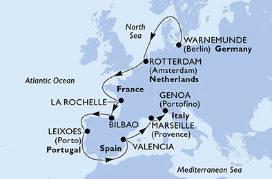 Německo, Nizozemsko, Francie, Španělsko, Portugalsko, Itálie z Warnemünde na lodi MSC Magnifica