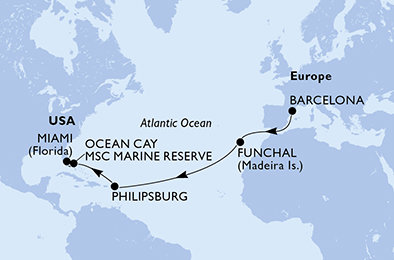 Španělsko, Portugalsko, Svatý Martin, Bahamy, USA z Barcelony na lodi MSC Poesia