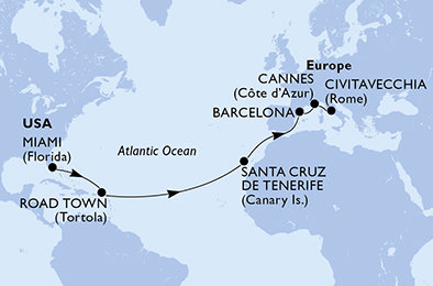 USA, Britské Panenské ostrovy, Španělsko, Francie, Itálie z Miami na lodi MSC Divina