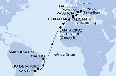 Brazílie, Španělsko, Velká Británie, Francie, Itálie ze Santosu na lodi MSC Seaview