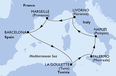 Francie, Španělsko, Tunisko, Itálie z Marseille na lodi MSC Meraviglia