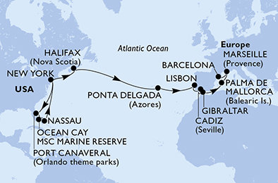 USA, Bahamy, Kanada, Portugalsko, Španělsko, Velká Británie, Francie z New Yorku na lodi MSC Meraviglia