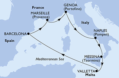 Španělsko, Francie, Itálie, Malta z Barcelony na lodi MSC World Asia