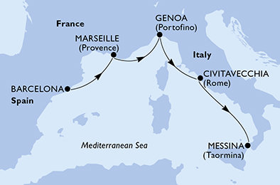 Španělsko, Francie, Itálie z Barcelony na lodi MSC World Asia