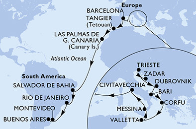 Itálie, Chorvatsko, Řecko, Malta, Španělsko, Maroko, Brazílie, Uruguay, Argentina na lodi MSC Fantasia