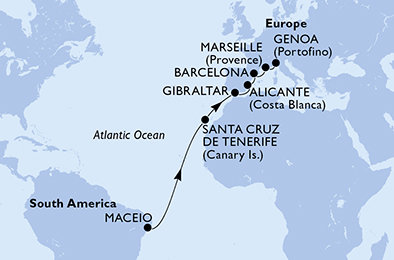 Brazílie, Španělsko, Velká Británie, Francie, Itálie z Maceia na lodi MSC Seaview