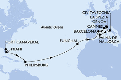 USA, Svatý Martin, Portugalsko, Španělsko, Francie, Itálie z Port Canaveralu na lodi MSC Grandiosa