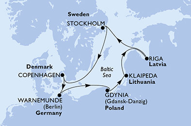 Německo, Polsko, Litva, Lotyšsko, Švédsko, Dánsko z Warnemünde na lodi MSC Magnifica