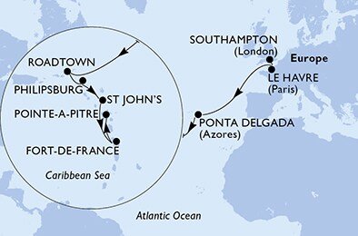 Velká Británie, Francie, Portugalsko, Britské Panenské ostrovy, Svatý Martin, Antigua a Barbuda, Martinik, Guadeloupe ze Southamptonu na lodi MSC Virtuosa