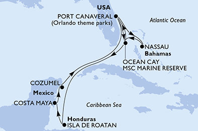 USA, Bahamy, Honduras, Mexiko z Port Canaveralu na lodi MSC Seashore