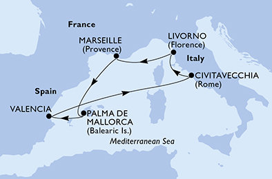 Itálie, Francie, Španělsko z Civitavecchia na lodi MSC Lirica