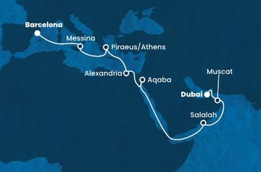 Španělsko, Itálie, Řecko, Egypt, Jordánsko, Omán, Spojené arabské emiráty z Barcelony na lodi Costa Toscana