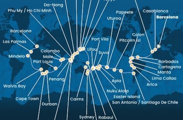 Španělsko, Maroko, Barbados, Kolumbie, Panama, Ekvádor, Peru, Chile, Zámořské území Velké Británie, Francouzská Polynésie, Zámořské společenství Francie, Samoa, Tonga, Fidži, Vanuatská republika, Nová Kaledonie, Austrálie, Papua Nová Guinea, Japonsko, Jižní Korea, Tchaj-wan, Čína, Vietnam, Singapur, Malajsie, Srí Lanka, Maledivy, Mauricius, Jihoafrická republika, Namibie, Kapverdy z Barcelony na lodi Costa Deliziosa