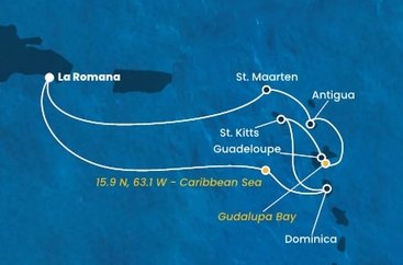 Dominikánská republika, Dominika, Svatý Kryštof a Nevis, Guadeloupe, Zámořské společenství Francie, Antigua a Barbuda, Svatý Martin z La Romany na lodi Costa Fascinosa