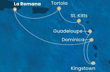 Dominikánská republika, Dominika, Svatý Vincenc a Grenadiny, Guadeloupe, Svatý Kryštof a Nevis, Britské Panenské ostrovy z La Romany na lodi Costa Pacifica