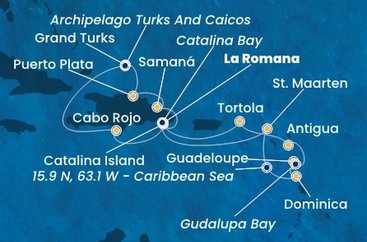 Dominikánská republika, Zámořské území Velké Británie, Svatý Martin, Dominika, Guadeloupe, Zámořské společenství Francie, Antigua a Barbuda, Britské Panenské ostrovy z La Romany na lodi Costa Fascinosa