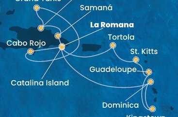 Dominikánská republika, Dominika, Svatý Vincenc a Grenadiny, Guadeloupe, Svatý Kryštof a Nevis, Britské Panenské ostrovy, Zámořské území Velké Británie z La Romany na lodi Costa Pacifica