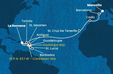 Dominikánská republika, Svatá Lucie, Barbados, Guadeloupe, Zámořské společenství Francie, Antigua a Barbuda, Britské Panenské ostrovy, Svatý Martin, Španělsko, Francie z La Romany na lodi Costa Fascinosa