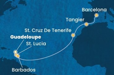 Guadeloupe, Svatá Lucie, Barbados, Španělsko, Maroko z Pointe-à-Pitre, Guadeloupe na lodi Costa Fascinosa