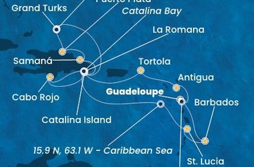 Guadeloupe, Zámořské společenství Francie, Antigua a Barbuda, Britské Panenské ostrovy, Dominikánská republika, Zámořské území Velké Británie, Svatá Lucie, Barbados z Pointe-à-Pitre, Guadeloupe na lodi Costa Fascinosa