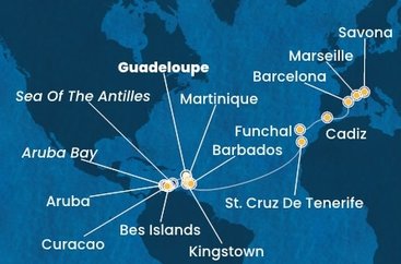 Guadeloupe, Zámořské společenství Francie, Bonaire, Aruba, Autonomní státy Nizozemska, Curacao, Martinik, Svatý Vincenc a Grenadiny, Barbados, Španělsko, Portugalsko, Francie, Itálie z Pointe-à-Pitre, Guadeloupe na lodi Costa Fortuna