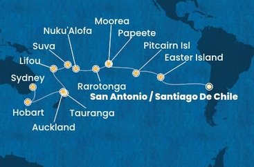 Chile, Zámořské území Velké Británie, Francouzská Polynésie, Cookovy ostrovy, Tonga, Fidži, Nová Kaledonie, Nový Zéland, Austrálie ze San Antonio na lodi Costa Deliziosa