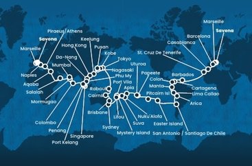 Itálie, Francie, Španělsko, Maroko, Barbados, Kolumbie, Panama, Ekvádor, Peru, Chile, Zámořské území Velké Británie, Francouzská Polynésie, Zámořské společenství Francie, Samoa, Tonga, Fidži, Vanuatská republika, Nová Kaledonie, Austrálie, Papua Nová Guinea, Japonsko, Jižní Korea, Tchaj-wan, Čína, Vietnam, Singapur, Malajsie, Srí Lanka, Indie, Omán, Jordánsko, Řecko ze Savony na lodi Costa Deliziosa