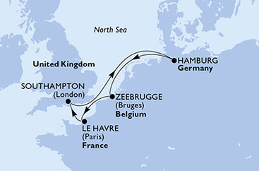 Belgie, Francie, Velká Británie, Německo ze Zeebrugge na lodi MSC Preziosa