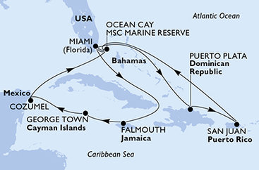 USA, Jamajka, Kajmanské ostrovy, Mexiko, Bahamy, Dominikánská republika z Miami na lodi MSC Seascape