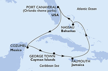 USA, Mexiko, Kajmanské ostrovy, Jamajka, Bahamy z Port Canaveralu na lodi MSC Grandiosa