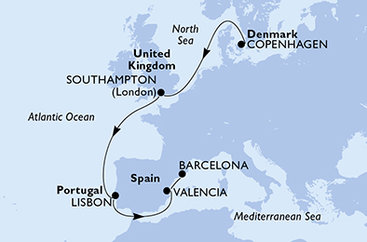 Dánsko, Velká Británie, Portugalsko, Španělsko z Kodaně na lodi MSC Euribia