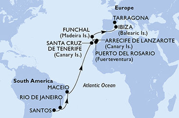 Brazílie, Španělsko, Portugalsko ze Santosu na lodi MSC Splendida