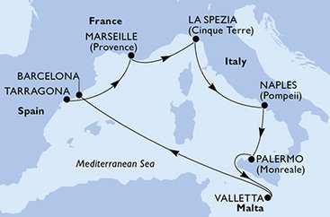 Španělsko, Francie, Itálie, Malta z Tarragony na lodi MSC Magnifica