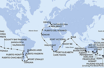 Argentina, Zámořské území Velké Británie, Chile, Francouzská Polynésie, Cookovy ostrovy, Nový Zéland, Austrálie, Maledivy, Seychely, Madagaskar, Jihoafrická republika, Namibie, Senegal, Španělsko, Itálie z Buenos Aires na lodi MSC Magnifica