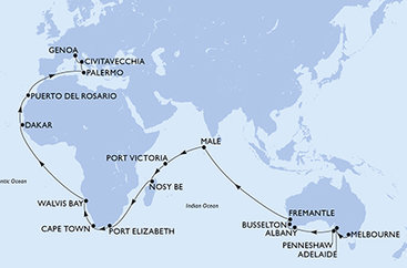 Austrálie, Maledivy, Seychely, Madagaskar, Jihoafrická republika, Namibie, Senegal, Španělsko, Itálie z Melbournu na lodi MSC Magnifica