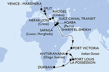 Itálie, Chorvatsko, Řecko, Egypt, Jordánsko, Seychely, Madagaskar, Mauricius, Reunion, Jihoafrická republika z Benátek na lodi MSC Opera