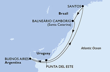 Brazílie, Uruguay, Argentina ze Santosu na lodi MSC Preziosa