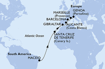 Brazílie, Španělsko, Velká Británie, Francie, Itálie z Maceia na lodi MSC Seaview